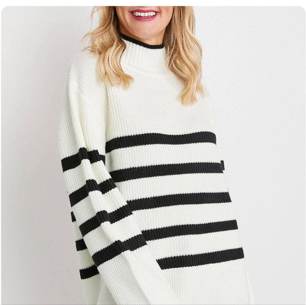 Social Treads Lush Funnel Neck Stripe Sweater, Ivory/Black Small